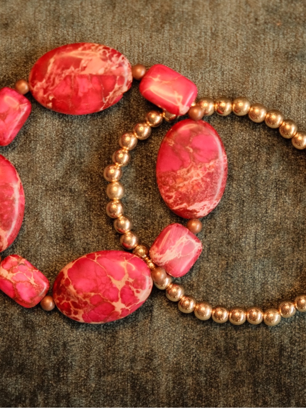 Pink Sea Sediment Jasper Stretch Bracelet Set of 2 Gold Bead Stack Boho Stone